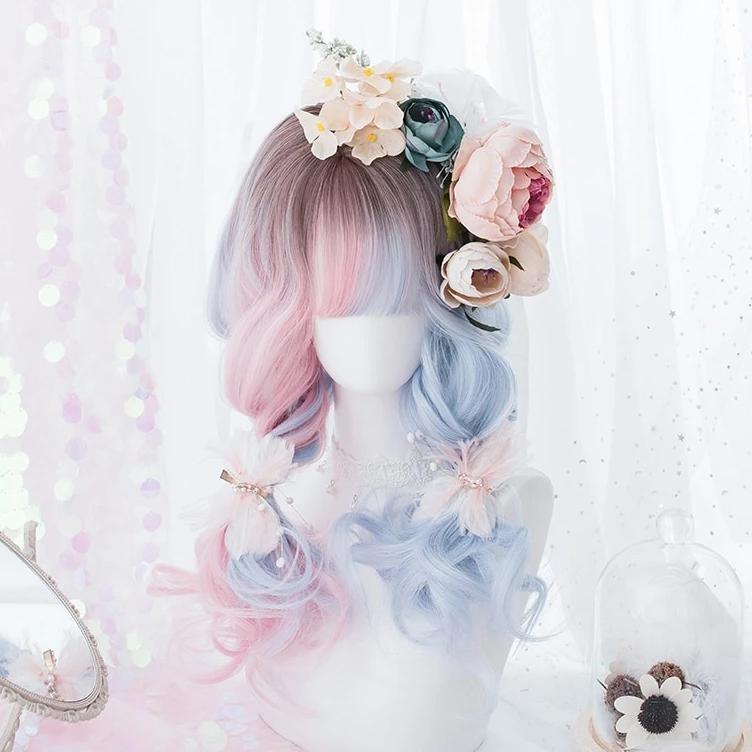 Dainty Bleu Rose Ombre Wig (perruque ondulée bleu rose)